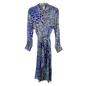 H&M Blue White Floral Midi Shirt Dress Tie Waist Side Slit Wide Sleeve Size 4